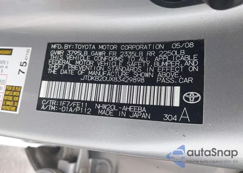 2008 Toyota Prius z USA, uszkodzony, nr VIN JTDKB20UX83429898